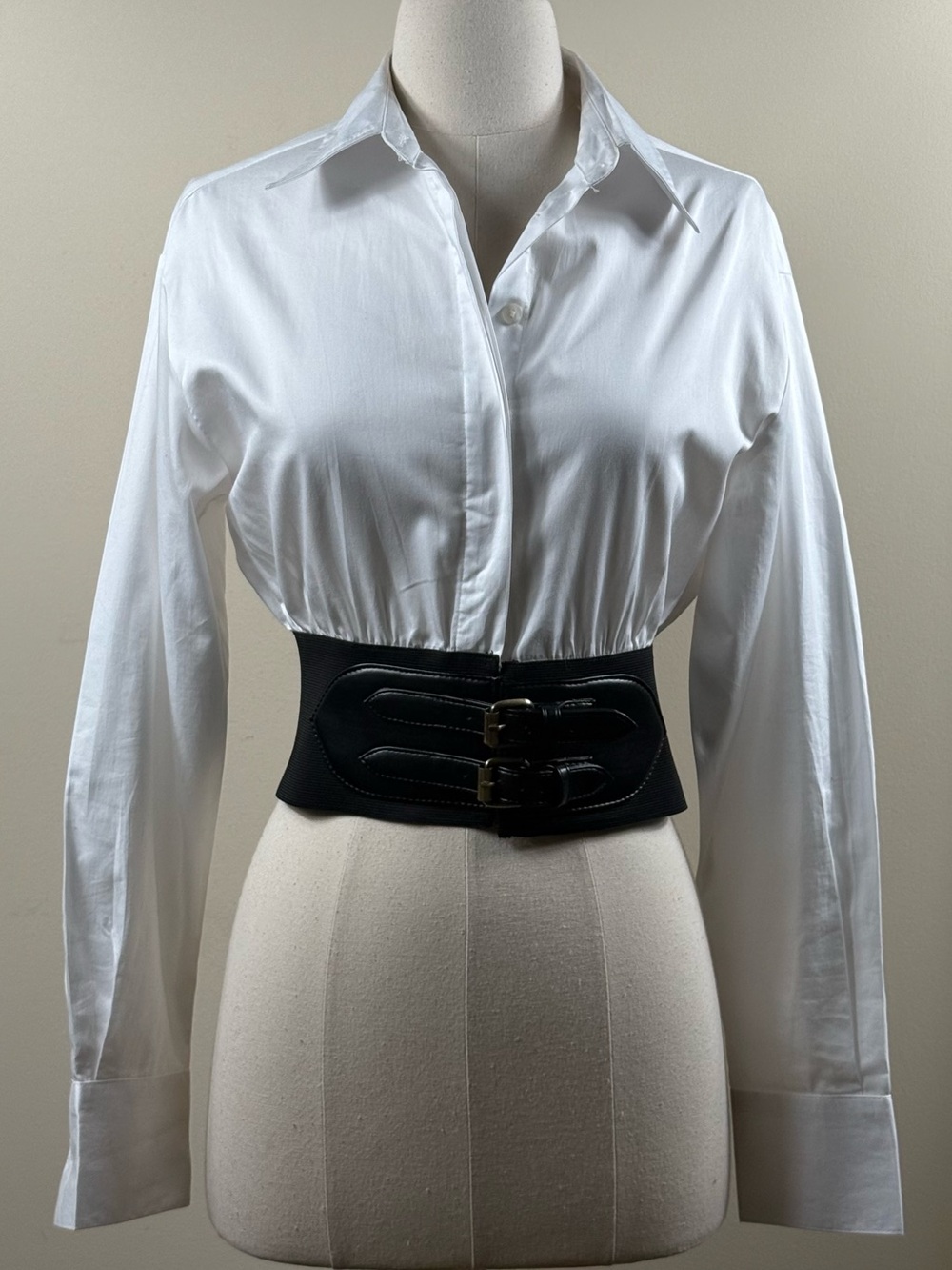 Karina Grimaldi White Shirt Belted Buckle Waist S